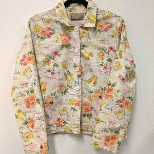 Ivory Floral Summer Print Cotton Jacket sz M Casual Garden Coastal Grandma